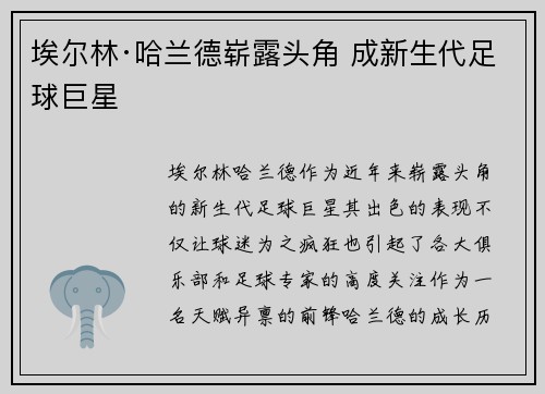 埃尔林·哈兰德崭露头角 成新生代足球巨星