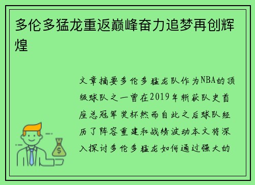 多伦多猛龙重返巅峰奋力追梦再创辉煌