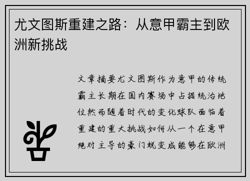 尤文图斯重建之路：从意甲霸主到欧洲新挑战